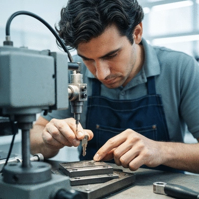 Professional locksmith cutting a new key with precision