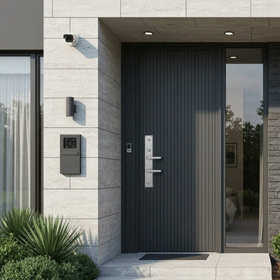 Vue de face d'une maison moderne avec une serrure de porte multipoint visible, des caméras de sécurité discrètes et un système d'alarme, aucun texte, aucun mot, aucune typographie, 8K, éclairage naturel.