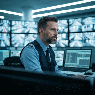 Security guard monitoring surveillance screens in a modern control room, representing proactive security measures