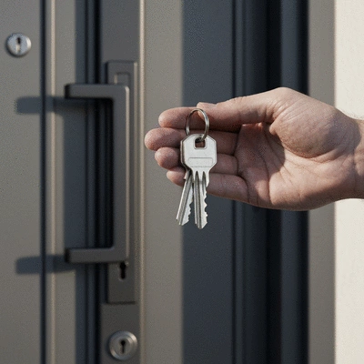 Main tenant des clés devant une porte sécurisée