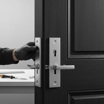 Serrurier installant une serrure multipoint sur une porte