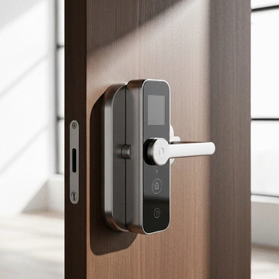 Modern smart lock on a wooden door, sleek design, integrated with a smartphone for remote access, no text, no words, no typography, clean image
