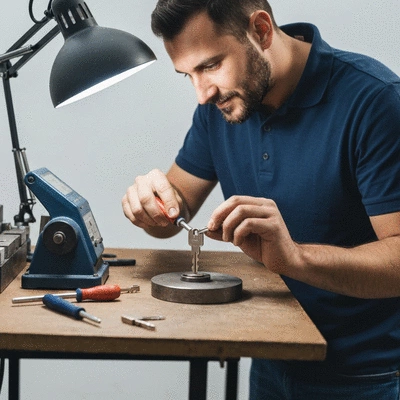 Serrurier professionnel reproduisant une clé avec précision