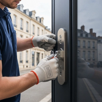 Serrurier installing a high-security lock on a modern door in Pau