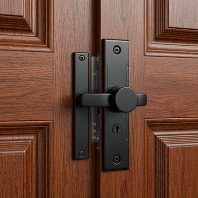 Modern security lock on a sturdy wooden door, illustrating home protection in Pau