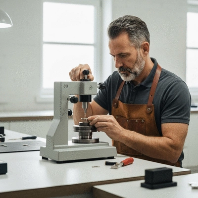 Serrurier professionnel at work, focused on duplicating a key with specialized equipment