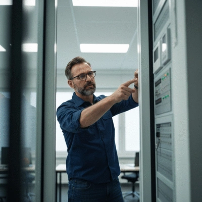Professional locksmith inspecting a security system for vulnerabilities