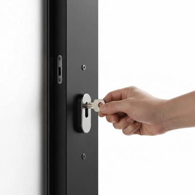 Hand using a key to lock a door, illustrating security and maintenance