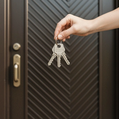 Main tenant un jeu de clés modernes devant une porte d'entrée sécurisée, concept de prévention des urgences de serrurerie, no text, no words, no typography, clean image