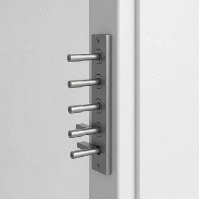 Close-up of a modern multipoint lock mechanism integrated into a door frame, showing multiple bolts extended, no text, no words, no typography, clean image