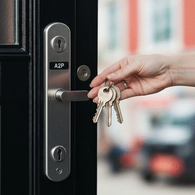 Gros plan sur une main tenant un trousseau de clés devant une porte sécurisée