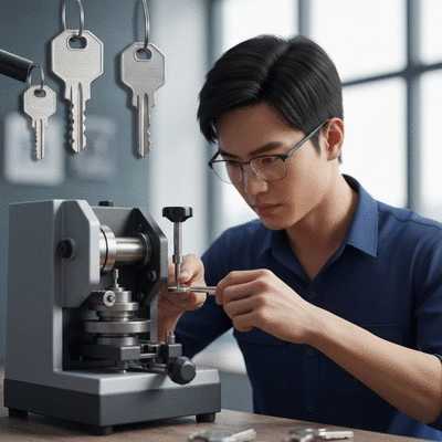 Un serrurier professionnel reproduisant une clé avec une machine de découpe de clés moderne, avec des clés de différents types en arrière-plan.