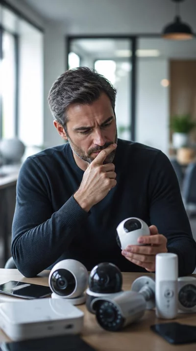Un entrepreneur réfléchissant aux options de sécurité pour son bureau, avec un fond flou de locaux professionnels modernes