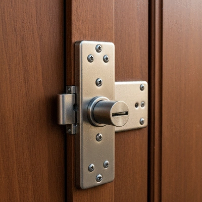 Gros plan sur une serrure haute sécurité installée sur une porte en bois, mettant en évidence le mécanisme de verrouillage robuste, sans texte, sans mots, sans typographie.