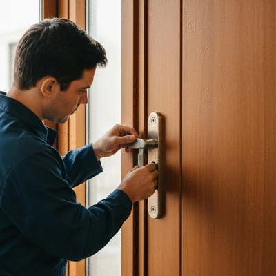 Un serrurier professionnel en uniforme, installant ou inspectant une serrure sur une porte d'entrée, avec des outils de serrurerie, sans texte, sans mots, sans typographie.
