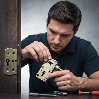 Serrurier inspecting a traditional door lock