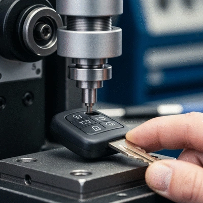 Close-up of a modern car key being duplicated by a locksmith's machine, blurred background showing a workshop, no text, no words, no typography, clean image