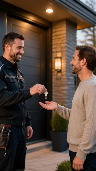 A professional locksmith handing a newly duplicated key to a satisfied customer, emphasizing trust and quality service