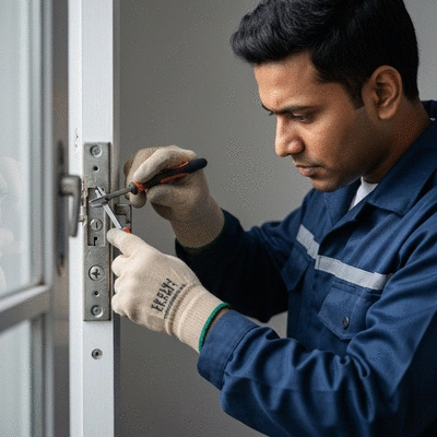 Security professional inspecting a damaged door lock after a break-in