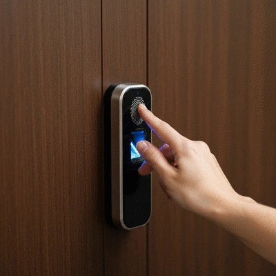 Main using a fingerprint scanner on a smart lock