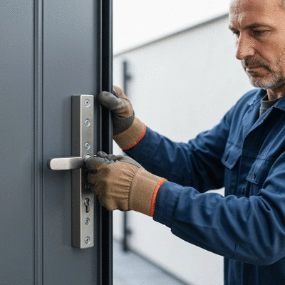 Serrurier remplaçant une serrure multipoint sur une porte d'entrée