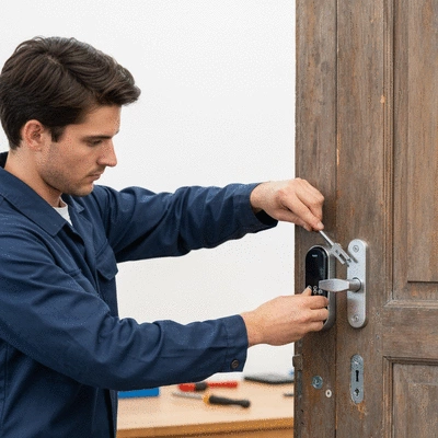 Serrurier installing a modern lock on a wooden door