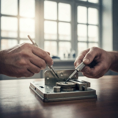 Close-up of a locksmith's hands working on a door lock