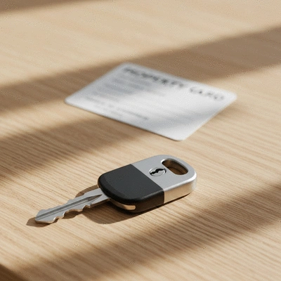 Main tenant une clé de sécurité avec une carte de propriété en arrière-plan