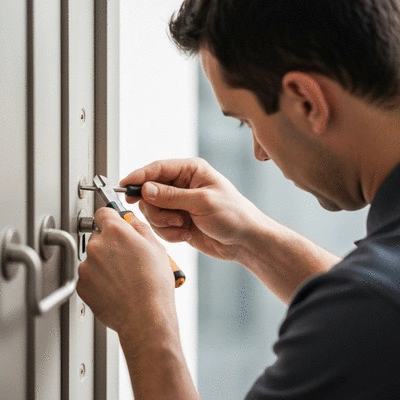 Serrurier en plein dépannage d'urgence sur une porte