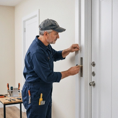Serrurier installing a new A2P certified lock on a door