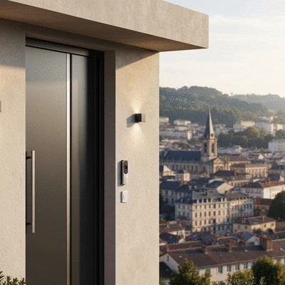 Modern home with smart security system, Pau cityscape in background