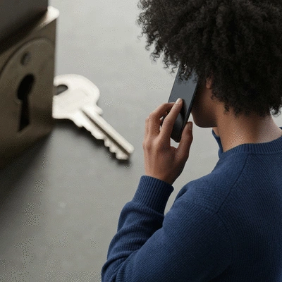 Personne utilisant un téléphone portable pour appeler un serrurier, avec une clé et une serrure floues en arrière-plan, ambiance d'urgence, pas de texte, pas de mots, pas de typographie, 8K, lumière naturelle