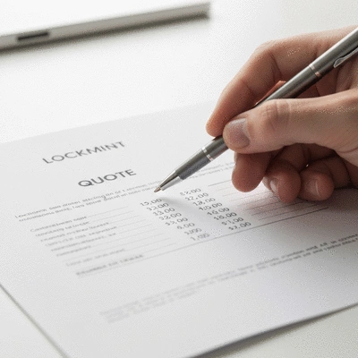Gros plan sur un devis de serrurier avec un stylo et une main pointant les coûts