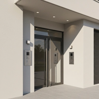 Modern apartment building entrance with security features
