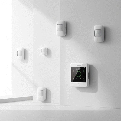 Modern home security system with sensors and control panel