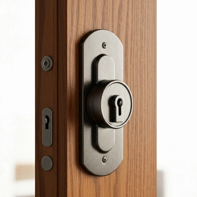 Traditional sturdy deadbolt lock on a wooden door, close up, secure, reliable, no text, no words, no typography, clean image