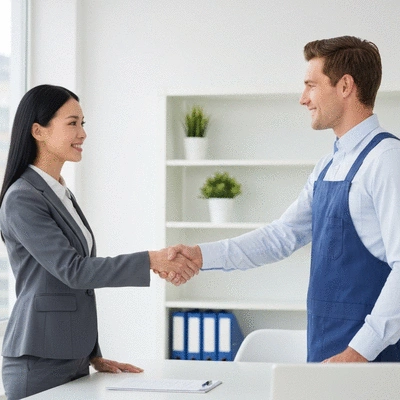 Client serrant la main d'un serrurier, symbolisant la confiance et la satisfaction, no text, no words, no typography, clean image