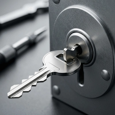 Gros plan d'une clé cassée dans une serrure, avec des outils de serrurier en arrière-plan