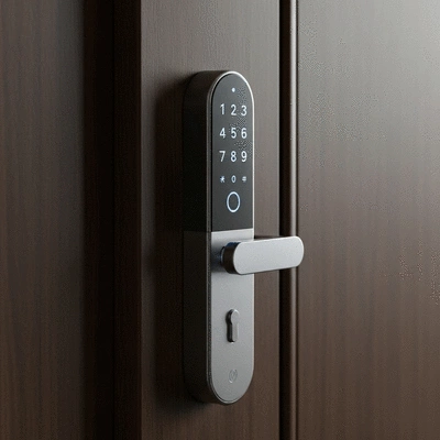 Close-up of a modern electronic keypad door lock, sleek design, subtle blue light, on a wooden door, no text, no words, no typography, no labels, clean image