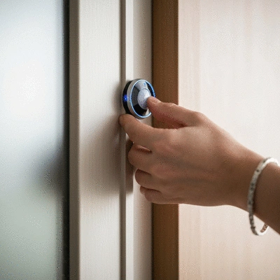 Close-up of a hand installing a small, modern security sensor on a door frame, no text, no words, no typography, clean image, 8K