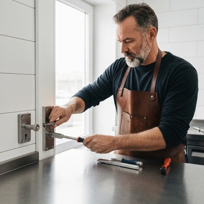 Serrurier remplaçant une serrure endommagée