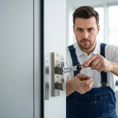 Serrurier professionnel installant une serrure multipoint sur une porte de bureau