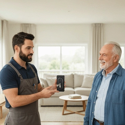 Serrurier local expliquant une serrure connectée à un client