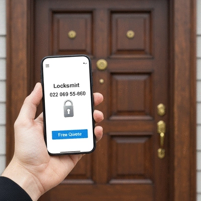Hand holding a smartphone displaying a locksmith's contact information on screen
