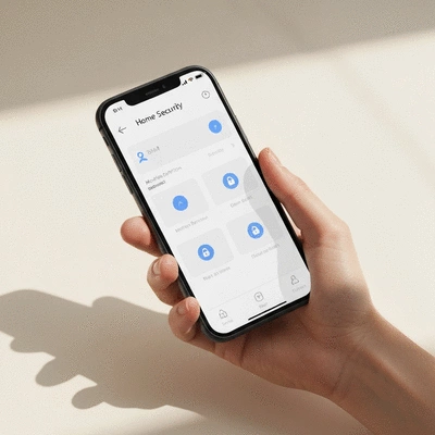 Main tenant un smartphone avec une application de sécurité domestique ouverte