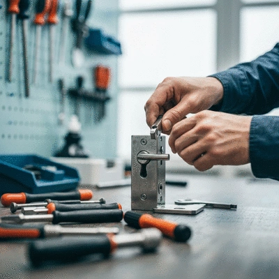 Serrurier intervenant sur une serrure de porte