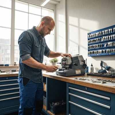 Serrurier utilisant une machine à reproduire les clés dans un atelier moderne