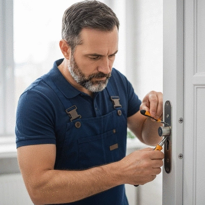 Serrurier travaillant sur une serrure avec des outils