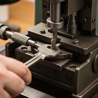 Close-up of a key being cut by a key cutting machine in a locksmith's shop
