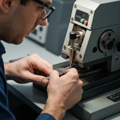 Serrurier en train de dupliquer une clé physique sur une machine